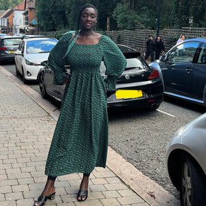 Forest Green Delicate Ditsy Print Square Neck Long Sleeved Dress