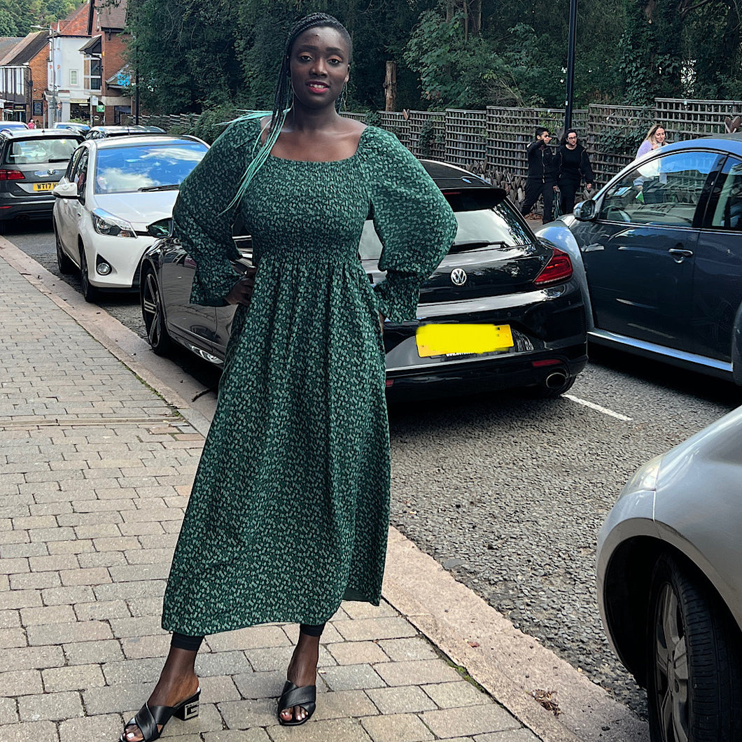 Forest Green Delicate Ditsy Print Square Neck Long Sleeved Dress