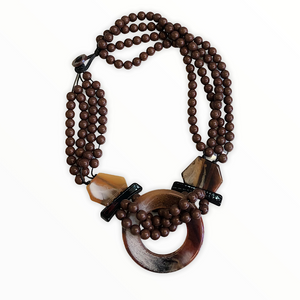 Triple Row Beaded & Resin Disc Necklace | Mocha