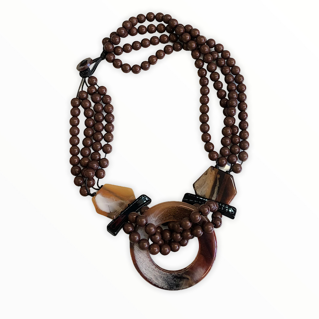 Triple Row Beaded & Resin Disc Necklace | Mocha