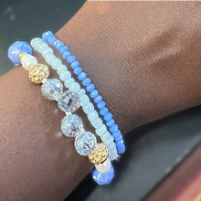 Load image into Gallery viewer, Blue &amp; Gold Semi Precious Stone &amp; Crystal Elasticated Bracelet
