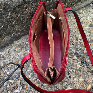 Red "Lia" Italian Leather Crossbody Bag (open)