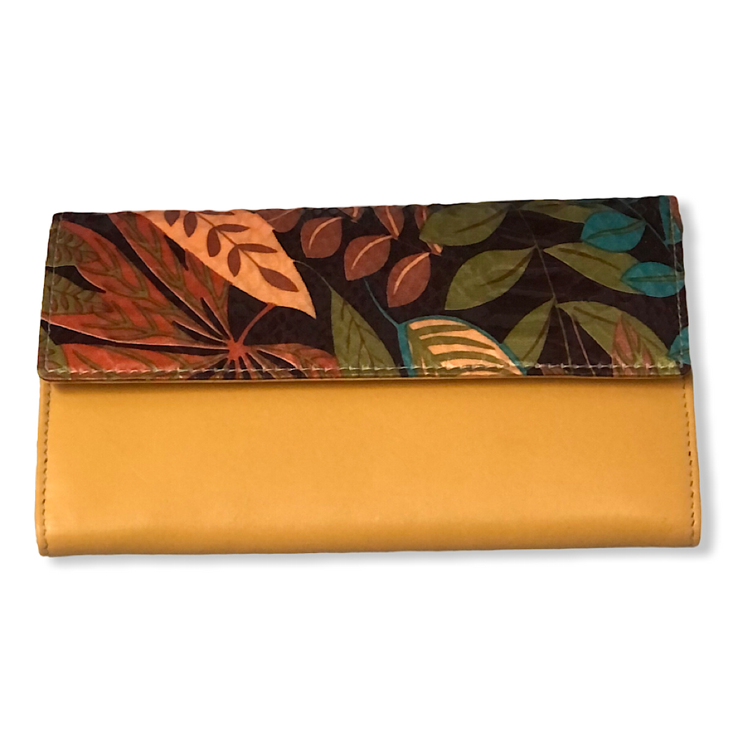 Ladies Mustard Tropical Leaf Leather Purse