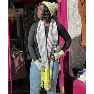 Waffle Knit "Annabelle" Scarf with Grey & Lime Colour Blocked Contrast Ends