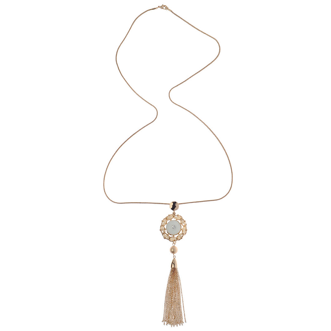 Long Gold Necklace With Beaded Pendant And Drop Tassel Chain