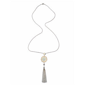 Long Silver Necklace With Beaded Pendant And Drop Tassel Chain