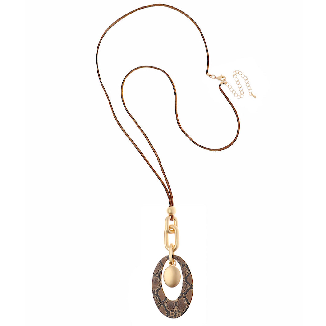 Long Brown Suede Necklace With Oval Snake Print Pendant