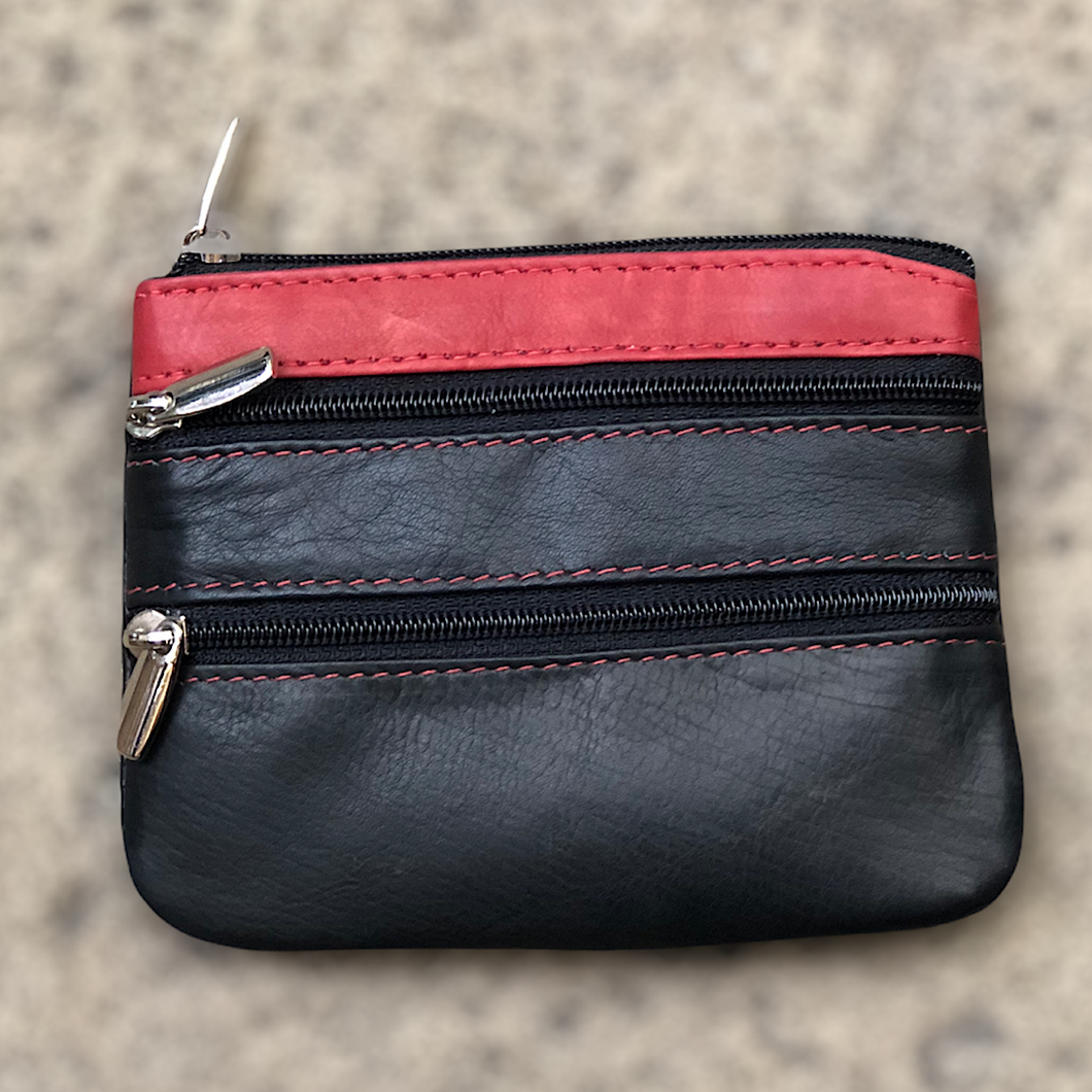 Zen Multi Colour Soft Leather 3 Zip Coin Purse | Red & Black