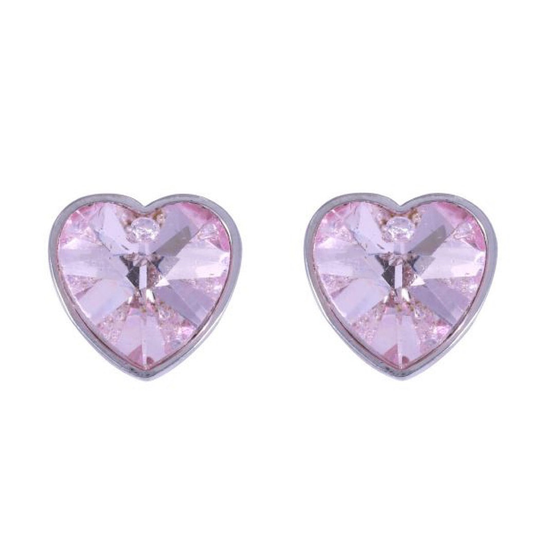 Silver and Pink Crystal Heart Stud Earrings