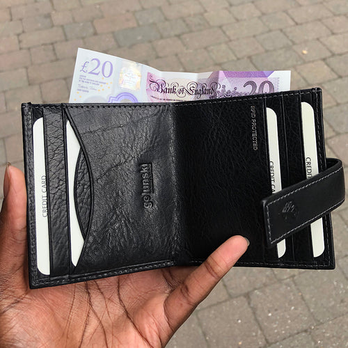 Black Leather Credit Card Holder with Note Section (open)