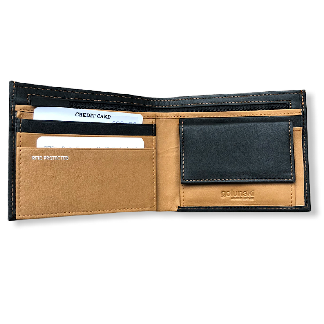 Gents Soft Leather Wallet with Coin Pocket | Black & Tan