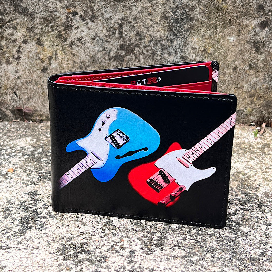 'Retro' Guitar Print Leather RFID Wallet