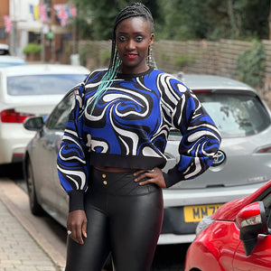 Blue Marble Print Short Long Sleeve Jumper