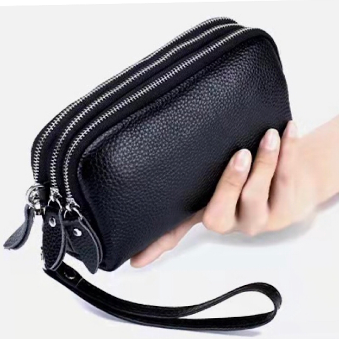 The Holly Triple Zip Leather Clutch Bag Black Bucks Leather